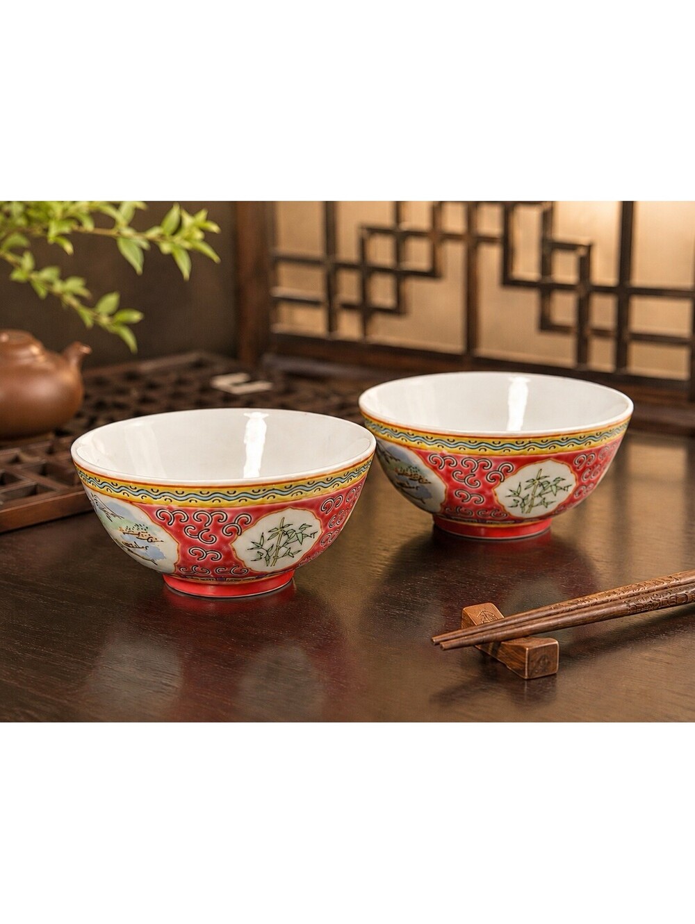Chinese 1960s Set Of 2 Rice Bowls Hand-painted Famille Rose Red, 5x2"